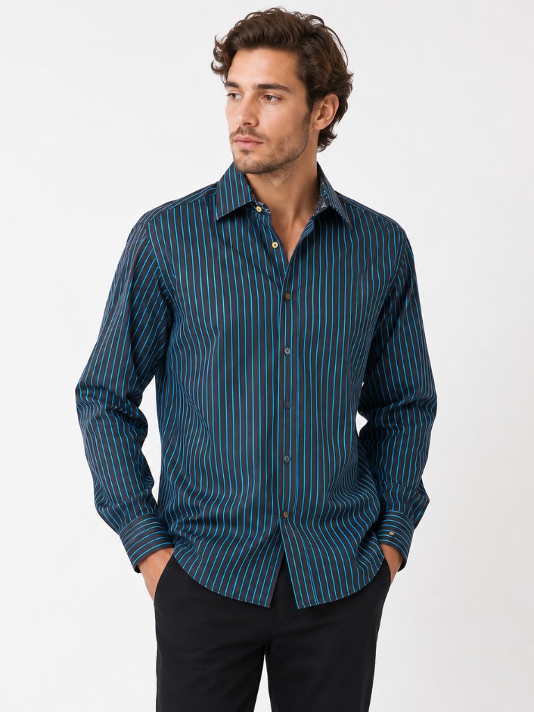 English Laundry Men's Shirt Size 16 1/2 Blue Black Striped Long Sleeve